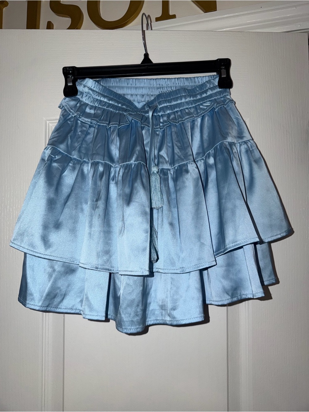Pants Store Light Blue Satin Tiered Ruffle Mini Skirt XS